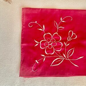 Red Handkerchief with White Embroidered  Flowers Vintage 1950’s